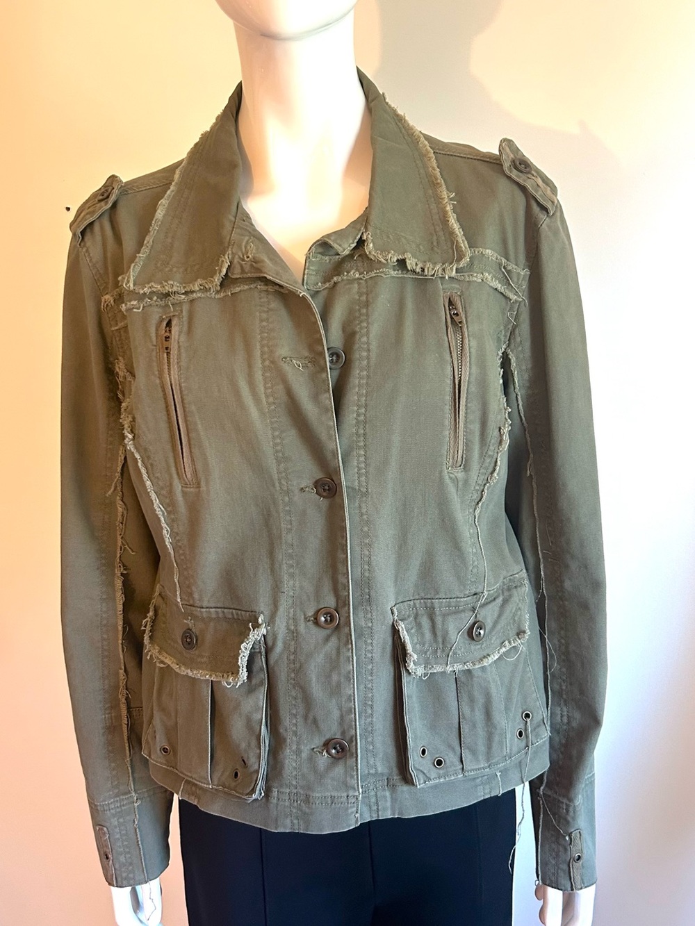 Olive Green Frayed Edge Utility Jacket - Women's